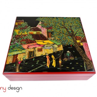 Rectangular lacquer box engraved with Hanoi old quarter painting 27*30cm